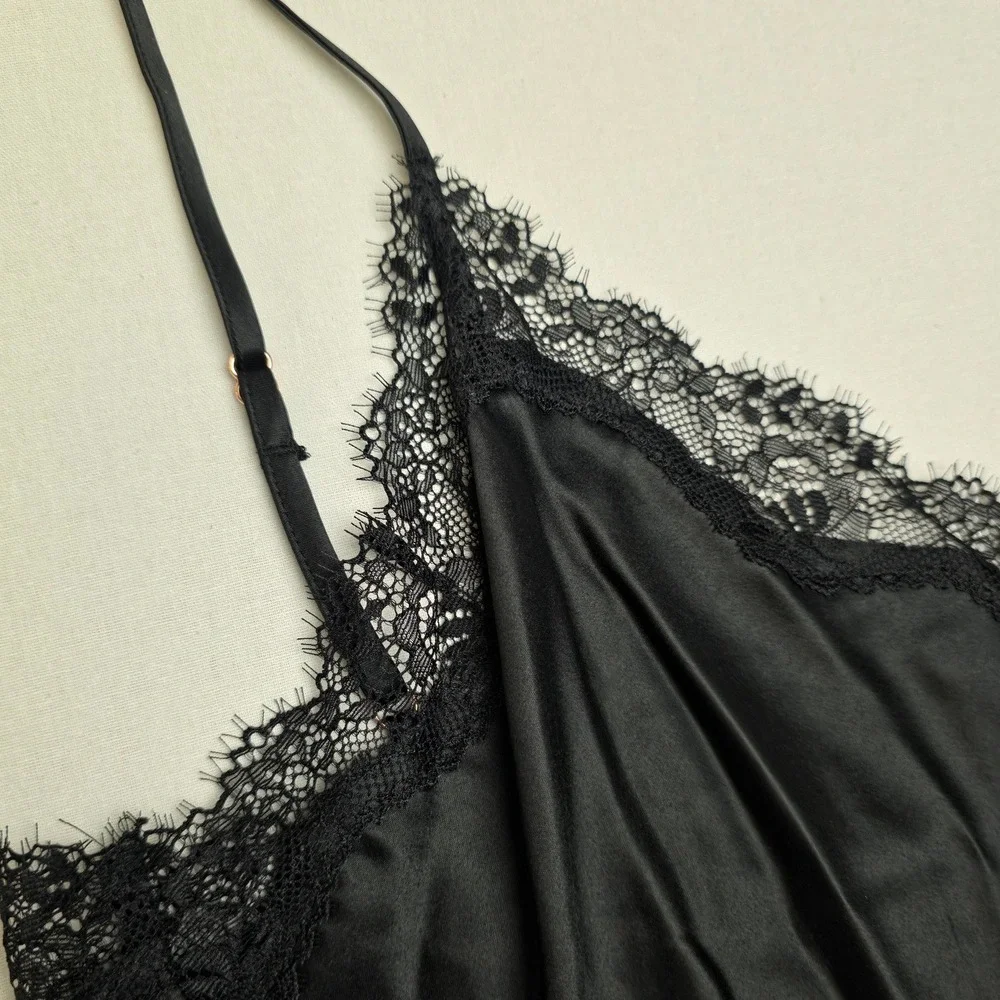 INC International Concept Women Nightgown Medium Black Satin Lace Slip Dress NWT